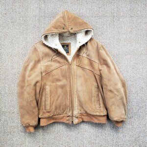 Vintage Cooper Designer Leatherwear Suede Sherpa Hoodie Bomber Jacket 44